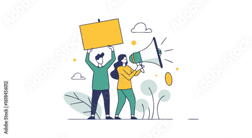 Protesters rally with signs and megaphone advocating for social change and public awareness