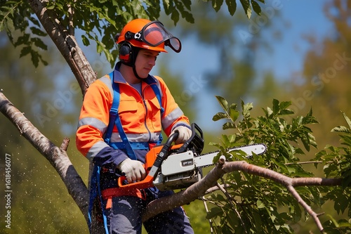 Tree Lumberjack at height Pruning in Safety Gear - man with chainsaw