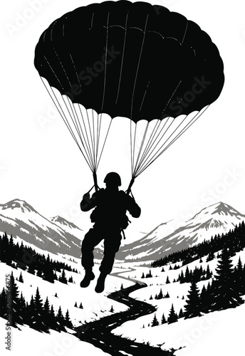 Paraglider silhouette flying over mountain with parachute in the sky during an adventure sport activity