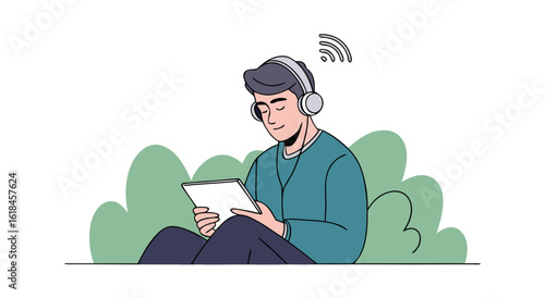 Man enjoying music and tablet outdoors surrounded by nature lush greenery and digital sound waves