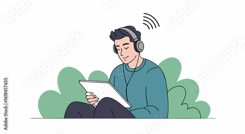 Man enjoying music and tablet outdoors surrounded by nature lush greenery and digital sound waves