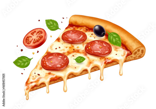 Delicious slice of pepperoni pizza with melted cheese and fresh toppings isolated on transparent background