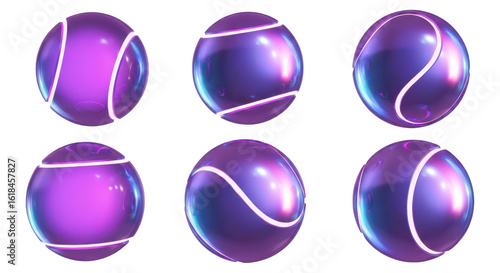 Six 3D purple tennis balls with glowing white lines rotating on a white background suitable for sports technology or design projects