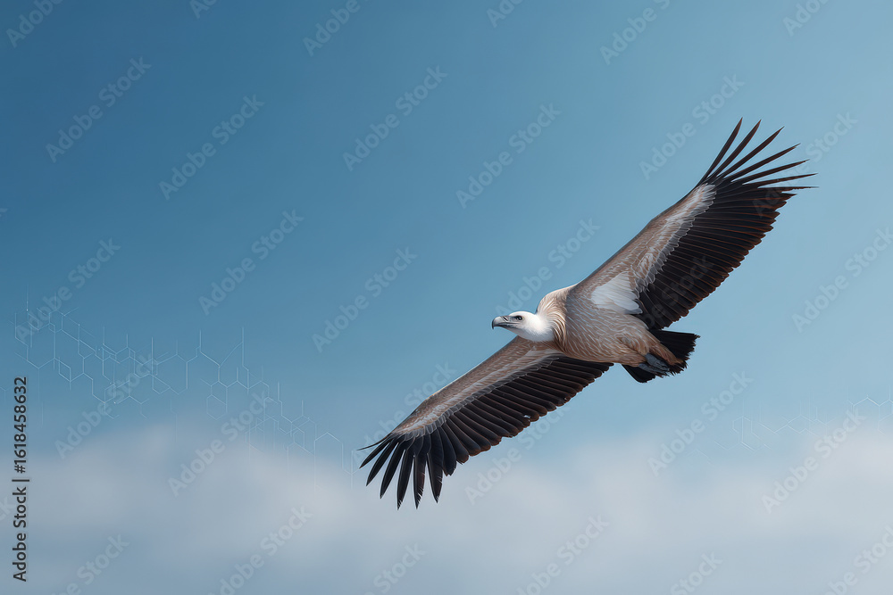Obraz premium majestic bird soaring in clear sky accompanied by virtual infographics on its migration path