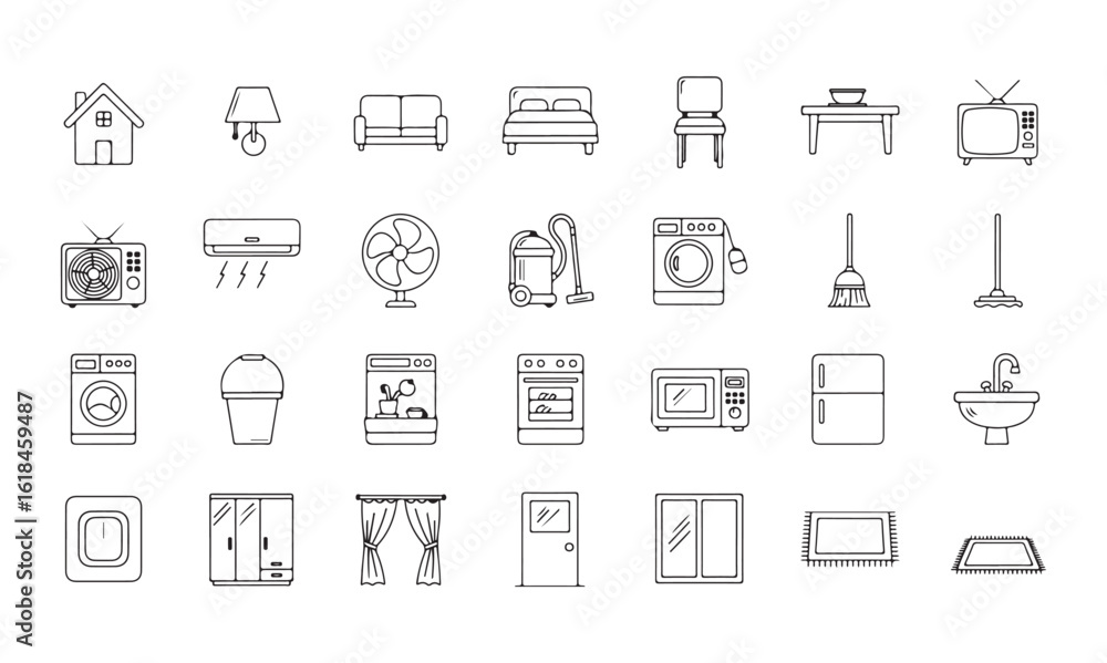 Collection of black and white line art icons of household objects lamp sofa Collection of black and white line art icons of household objects lamp sofa