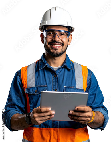 Smiling engineer in a hard hat using a tablet on a white background
