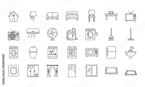 Collection of black and white line art icons of household objects lamp sofa