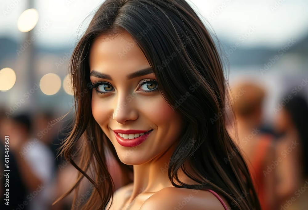 Obraz premium Dark hair, captivating eyes, alluring smile, elegant pose, makeup, sensual