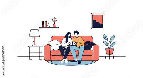 Cozy couple enjoying relaxing time together on sofa with devices indoors
