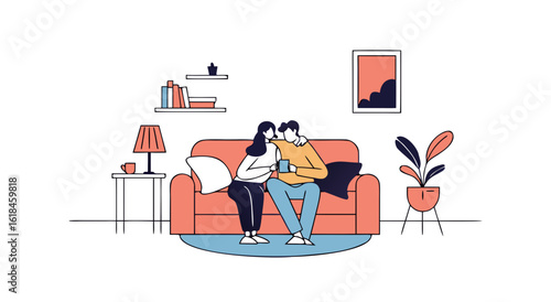 Cozy couple enjoying relaxing time together on sofa with devices indoors