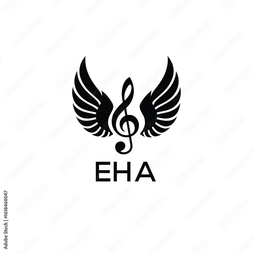 Fototapeta premium Creative Music Logo with Treble Clef and Wings –EHA Musical Brand Identity Design. EHA Letter Logo. 
