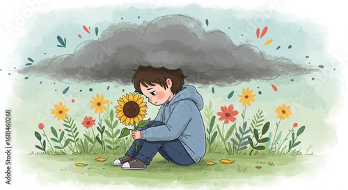 Emotional illustration of a sad person under a dark storm cloud, finding a glimmer of hope in a flower.