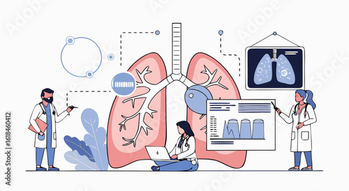 Medical professionals analyzing lungs and medical data for respiratory health research