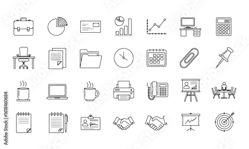 Collection of business and office icons in outline style vector