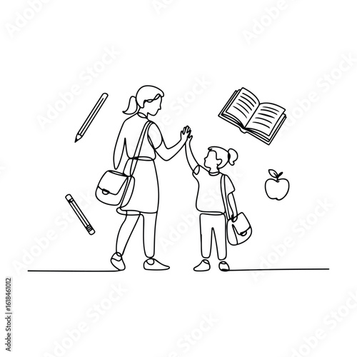 Minimalist line art of child and mother sharing a high-five with school bags - back to school, family bonding, and education themes for posters and digital use, Vector modern illustration