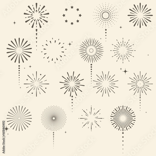 Gold and soft cream fireworks in a vintage style. Elegant fireworks background for Christmas party, festive banners, posters, or seasonal invites.