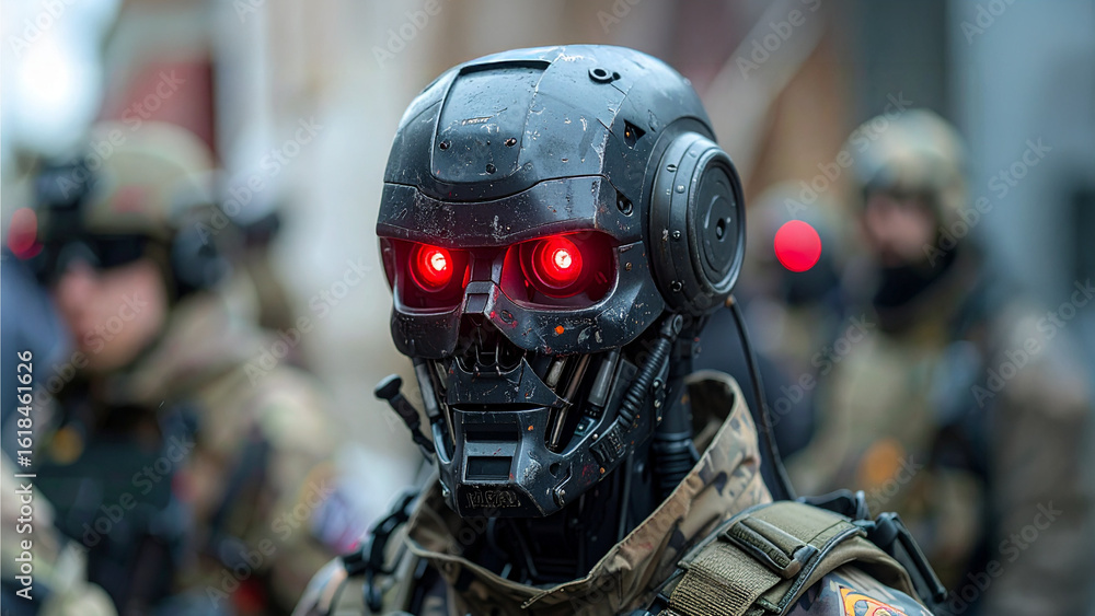 Fototapeta premium A futuristic cyborg in the midst of an armed military group