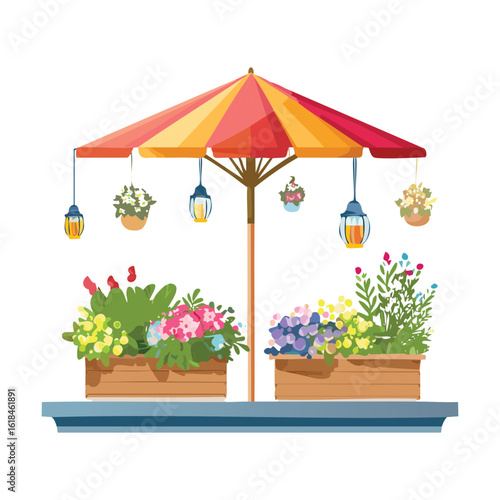 Outdoor Cafe Scene with Plants and Flowers