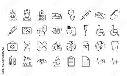 Medical healthcare icons including nurses ambulance hospital stethoscope pills vector