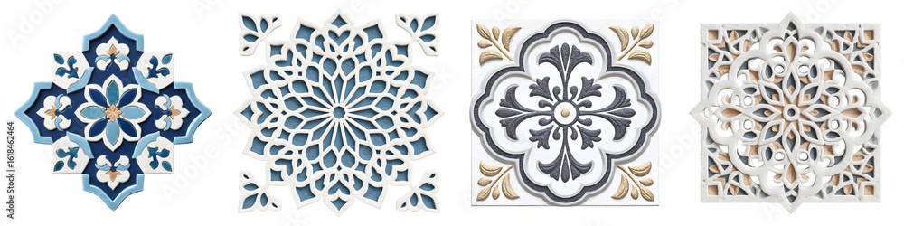 Fototapeta premium Decorative Ornamental Tile Patterns: Blue, White, and Gold Designs