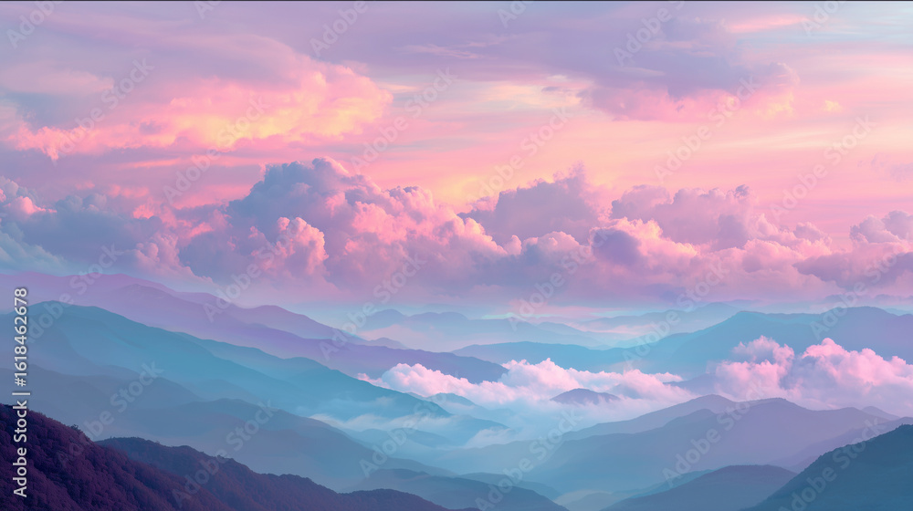 Fototapeta premium Surreal dawn over mountains, layered dreamy clouds, gradient pastels
