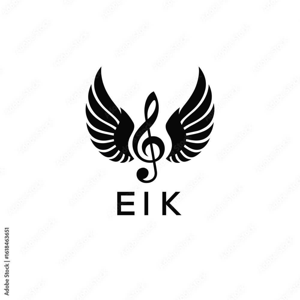 Fototapeta premium Creative Music Logo with Treble Clef and Wings –EIK Musical Brand Identity Design. EIK Letter Logo. 