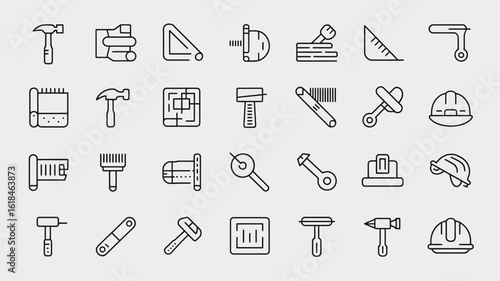Vector art of collection of construction tools icons isolated on white background in outline style