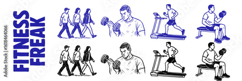   Fitness Freak - Hand Drawn Blue Ink Gym and Workout Illustrations on White Background