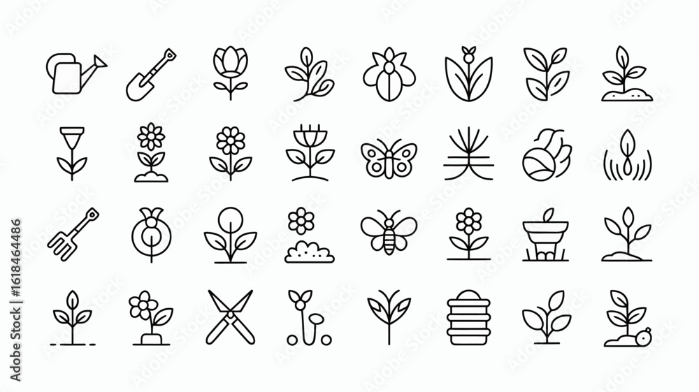 Fototapeta premium Vector art of collection of various gardening and plant icons isolated on white background in simple style