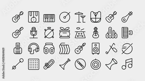 Vector art of collection of various musical instruments and equipment icons isolated on white background