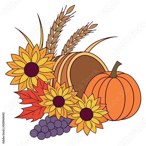 Cartoon shows a barrel, pumpkin, wheat, grapes, sunflowers, and maple leaf on white