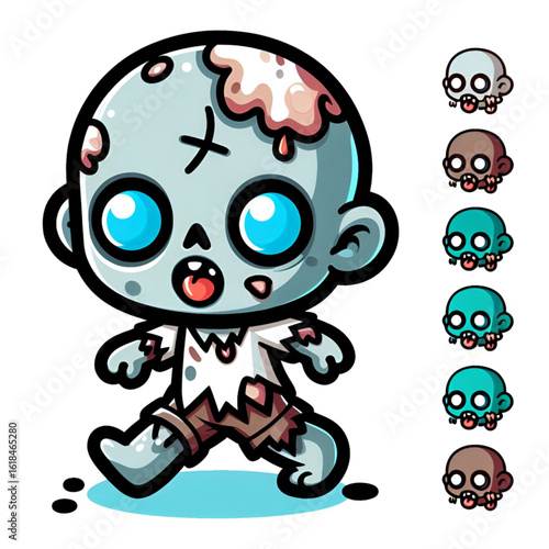 Adorable Cartoon Zombie Character with Blue Eyes and Color Variants