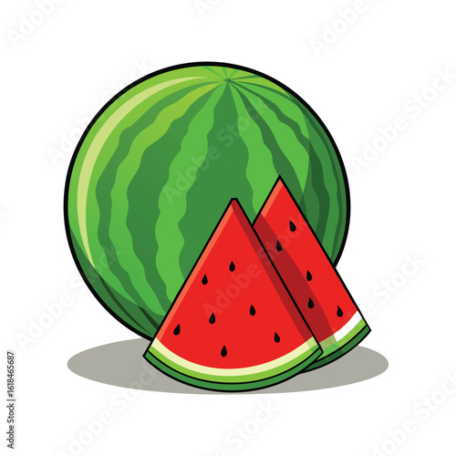 Whole watermelon and slices with seeds fruit green
