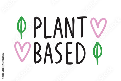 Plant based doodle hand made text, plant based lettering with leaves. Vegan and vegetarian food concept.