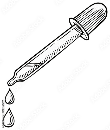 Hand drawn eye dropper with falling liquid drops monochrome vector illustration