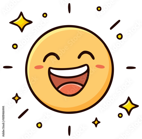 Joyful sparkling emoji with a big happy smile laughing out loud cartoon character illustration