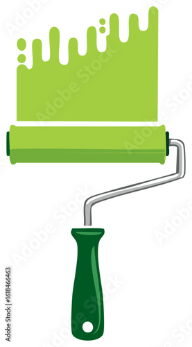 Paint roller with green paint dripping creates a renovation concept for house improvement and home decor project