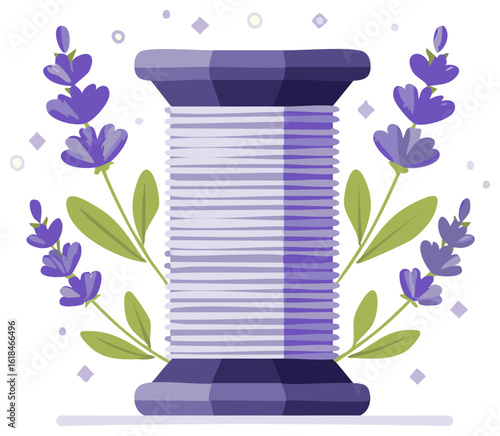 Spool of Thread Adorned with Lavender Flowers and Decorative Elements, Craft and Sewing
