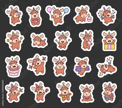 Elk party cute kawaii character set in cartoon style with party hats, balloons, cakes, confetti and various fun poses for celebration themed design illustrations