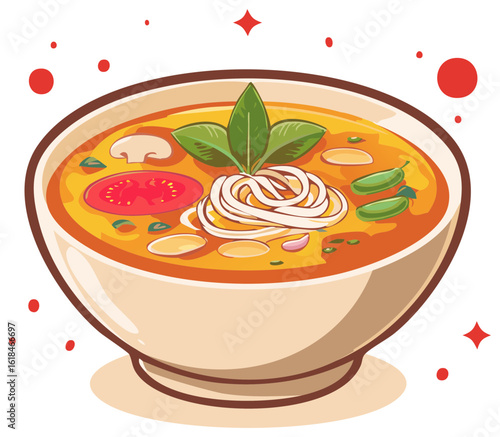 Delicious Asian Noodle Soup Illustration with Fresh Ingredients and Decorative Accents