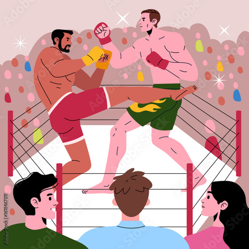 Intense Kickboxing Match in the Ring Vector Illustration