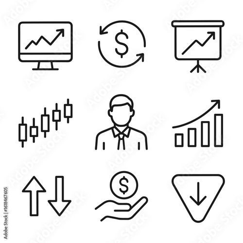 Investment and trading icons with financial market symbols. Outline symbols. Line design
