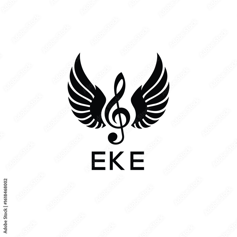 Fototapeta premium Creative Music Logo with Treble Clef and Wings –EKE Musical Brand Identity Design. EKE Letter Logo. 