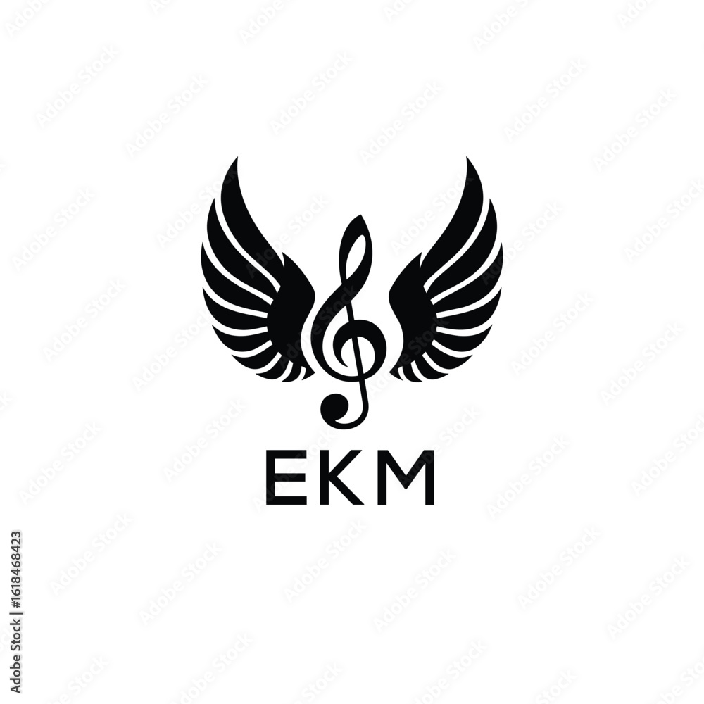 Obraz premium Creative Music Logo with Treble Clef and Wings –EKM Musical Brand Identity Design. EKM Letter Logo. 