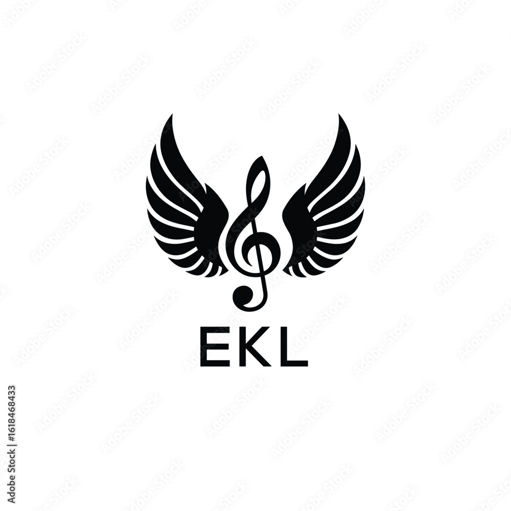 Obraz premium Creative Music Logo with Treble Clef and Wings –EKL Musical Brand Identity Design. EKL Letter Logo.