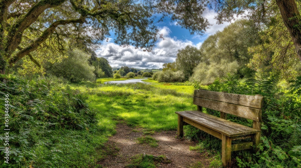 Wooden park bench in verdant landscape Wooden park bench in verdant landscape