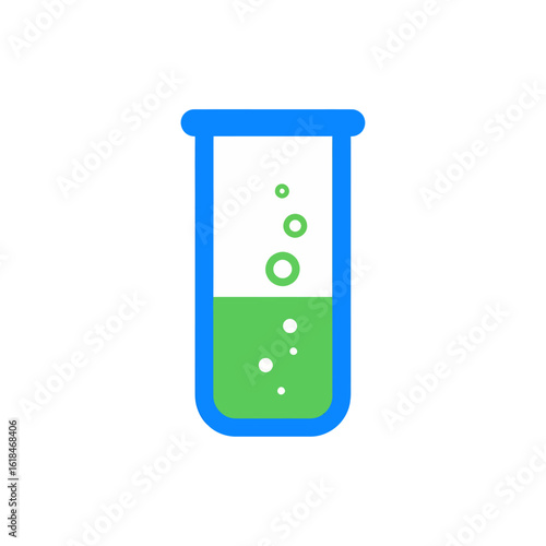Modern vector illustration of a test tube filled with green liquid and bubbles, framed in blue, ideal for scientific or educational branding and adaptable across digital and print applications.