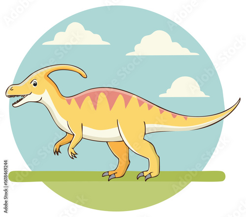 Vibrant cartoon Parasaurolophus dinosaur illustration in a prehistoric landscape with clouds