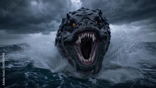 Angry sea monster emerging from stormy ocean waves roaring into air with cinematic lighting - mythical sea creature attack scene - fantasy and danger concept