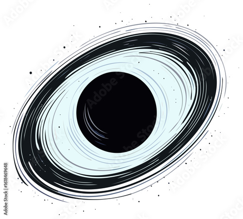 Vector Illustration of a Cartoon Black Hole Featuring Ringed Accretion Disk and Gravitational Distortion